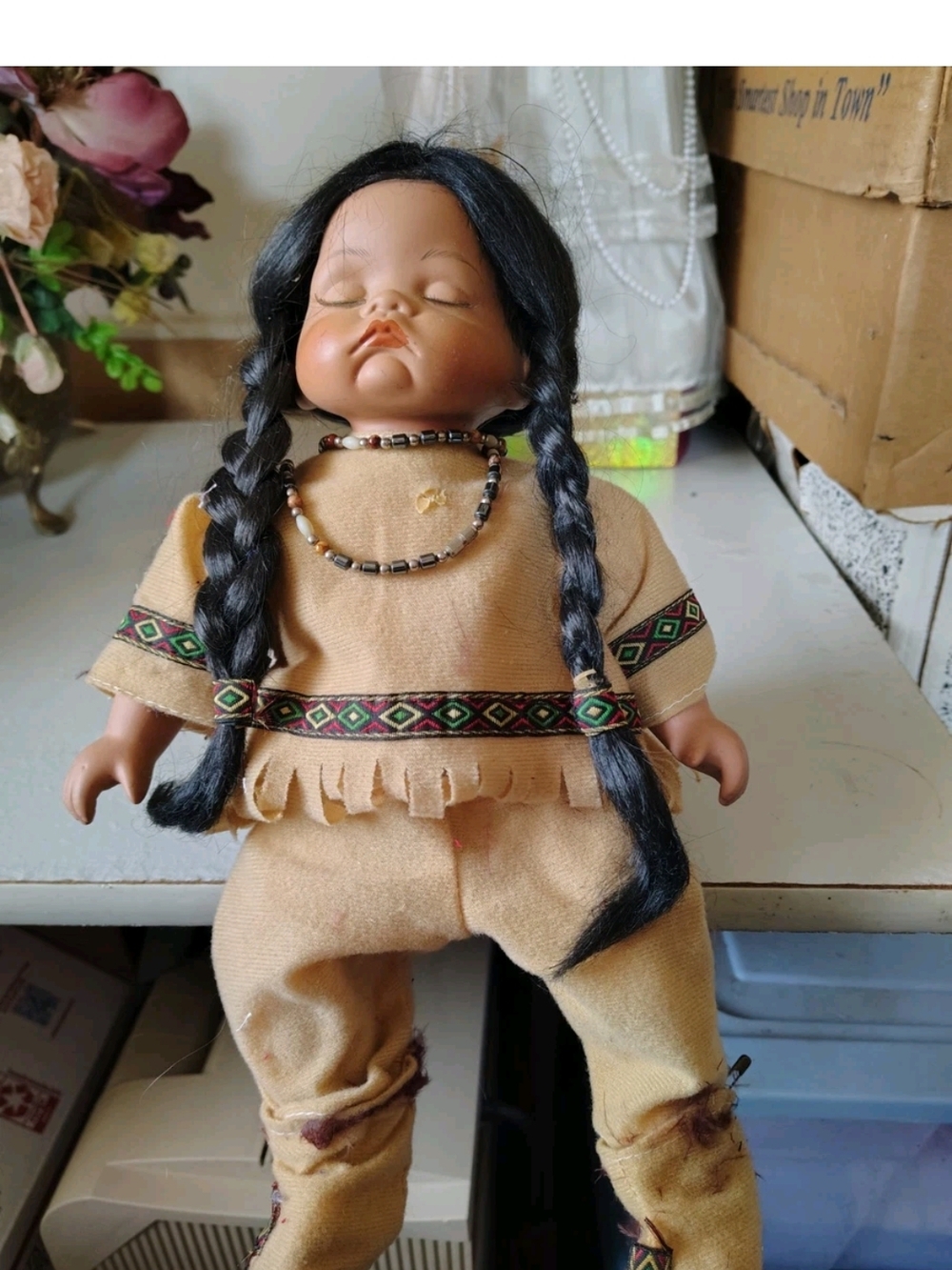 Vintage-Inspired Tan Braided Doll with Beaded Necklace